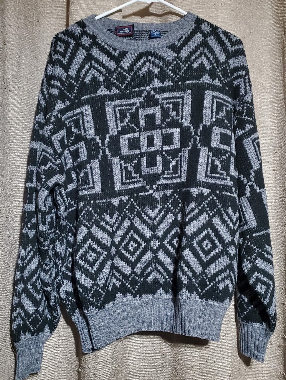 VTG SZ L CARL MICHAELS Men Black & Gray Geometric Crewneck Sweater Made In Italy